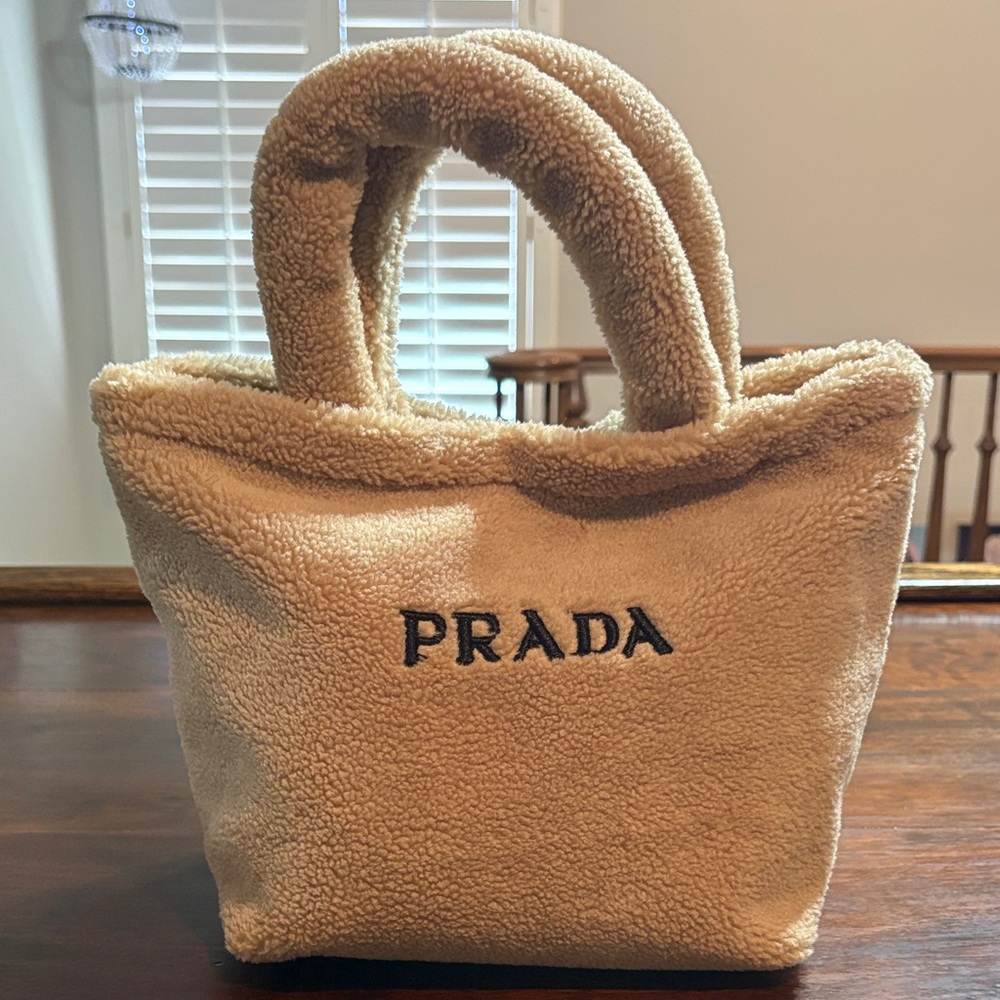 PRADA Beige Shearling Teddy Tote Bag